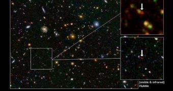 This image shows one of the most distant galaxies known, called GN-108036, dating back to 750 million years after the Big Bang that created our Universe