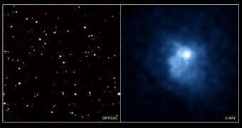 This comparison of 3C438 in optical (left) and X-ray (right) light reveals evidence for one of the most energetic events in the local Universe.