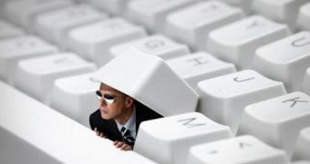 Representation of an FBI agent spying from under the keyboard (cropped)
