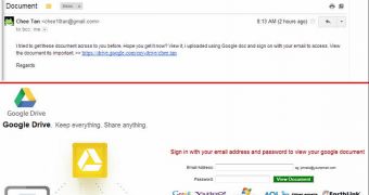 Google Drive phishing email and phishing webpage