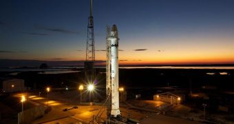 SpaceX's debut Falcon 9 rocket stands atop its launch pad, at the CCAFS Space Launch Complex 40