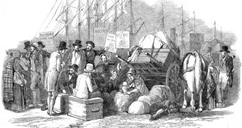 Irish emigrants sitting on the dockside in Cork in 1851