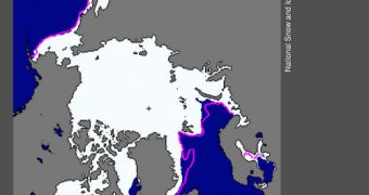 Arctic sea ice extent for February 2011 was 14.36 million square kilometers (5.54 million square miles)