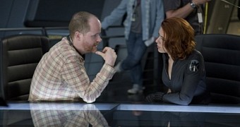 Joss Whedon and Scarlett Johansson, aka Black Widow from the Marvel Cinematic Universe