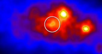 Brighter colors indicate greater numbers of gamma rays detected in this Fermi LAT view of a region centered on the position of Cygnus X-3 (circled)