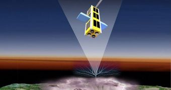 An artist's concept of the Firefly satellite on the lookout for terrestrial gamma-ray flashes above a thunderstorm