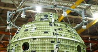 This is the completed structure of the first space-bound Orion MPCV, located at the Michoud Assembly Plant, in New Orleans