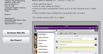 Apple App Store for iPad shows availability of a new version of the Yahoo! Messenger application