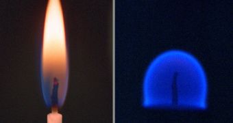 A comparison between how fire burns on Earth (left) and on the ISS