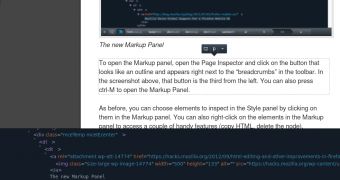 The new Markup panel in the Firefox web developer tools and the lighter element selection