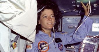 Sally Ride on the deck of Challenger, in 1983