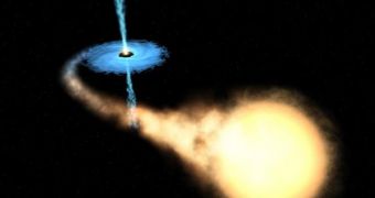 An artist depicts how a black hole, formed from one of the stars in a binary system, attracts the other one to its core, consuming it