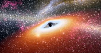 Artist's rendition of a very young black hole, which lacks dust around it