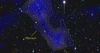 This rendition shows the dark matter filament linking galaxy clusters Abell 222 and Abell 223