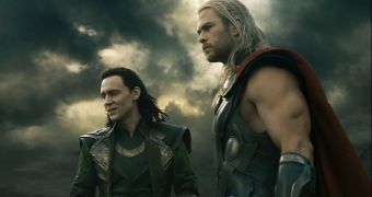 Tom Hiddleston and Chris Hemsworth as Loki and Thor in Marvel’s “Thor: The Dark World”