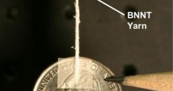 A yarn spun of boron-nitride nanotubes suspends a quarter