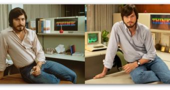 Young Steve Jobs (left) and Ashton Kutcher as Jobs in upcoming film directed by Michael Stern