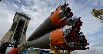 Image of the Soyuz-FG rocket being rolled out to its ELS launch pad at the Kourou Spaceport