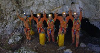 This is the latest CAVES crew, seen here emerging from a cave after spending six days in isolation