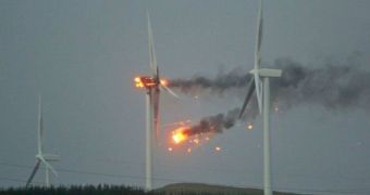 Wind turbines on fire in Ardrossan, from North Ayrshire, Scotland, because of bad weather conditions