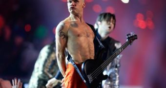 Red Hot Chili Peppers bassist Flea during the Halftime Super Bowl 2014 performance