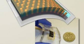 A flexible solar cell is achieved by removing the aluminum substrate, substituting an indium bottom electrode, and embedding the 3-D array in clear plastic