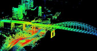 3D lidar map showing storm surges near Interstate-510 bridge, in New Orleans, Louisiana