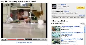 A page from YouTube, showing a video with two Chinese people taking cover during the earthquake