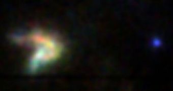X-ray image of the G350.1-0.3 supernova remnant. The blue dot on the right is its companion, a neutron star