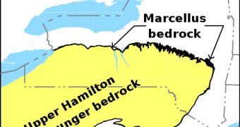 Bedrock geological map displaying Marcellus Formation bedrock location in New York and Pennsylvania