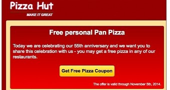 Email sample claiming to deliver “free pizza coupon”