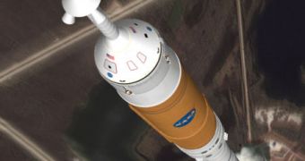 Artistic impression of the Ares I rocket during liftoff