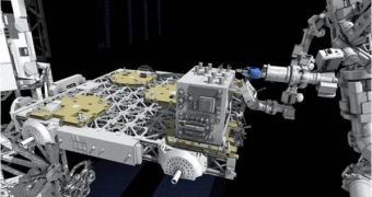 This is a rendition of the RRM experiment installed on the outer hull of the ISS