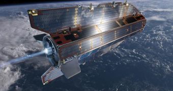 GOCE is powered by a rare ion thruster and has fin-shaped solar panels