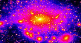 This image from a supercomputer simulation shows the density of dark matter in our Milky Way galaxy, which is known to contain an ancient thin disk of stars