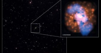 This giant black hole has had its spin changed twice by violent galactic collisions
