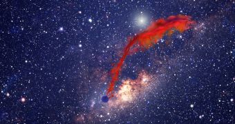 Artist's rendition of a protoplanetary disk of gas and dust (red) being shredded by the powerful gravitational tides of our galaxy's central black hole