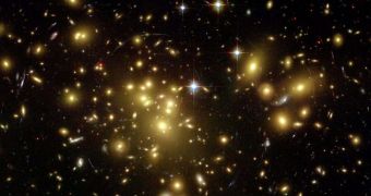 Image of a distant galaxy cluster, obtained through gravitational lensing