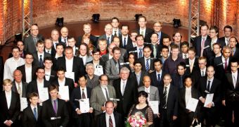 Winners at the eighth Galileo Masters European Satellite Navigation Competition award ceremony, held in the Allerheiligen Hofkirche of the Munich Residenz, in Germany