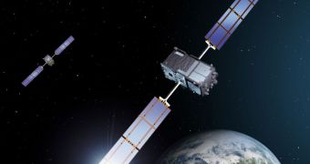 This rendition shows the first two Galileo satellites in orbit around Earth