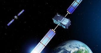 This rendition shows the first two Galileo IOV satellites in orbit around Earth