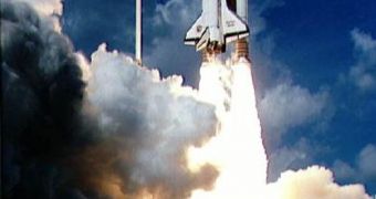 Liftoff of STS-34 Atlantis, carrying the Galileo spacecraft and its Inertial Upper Stage (IUS) booster on October 18, 1989