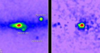 The image on the right shows gamma-ray emissions from the galactic core that may be produced by dark matter