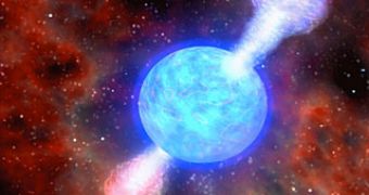 Artistic impression of relativistic jets emitted by a neutron star, thought to be the progenitor of short gamma-ray bursts