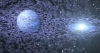 Artistic impression of the newly found binary, featuring the supermassive main sequence star and the tiny neutron star around it