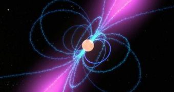 Moving along the pulsar's magnetic field, charged particles create gamma-ray beams