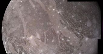 This mosaic of images shows the surface of the Jovian moon Ganymede