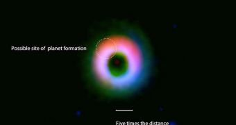 ALMA image of HD 142527 and its protoplanetary disk, which may be currently forming a gas giant-class exoplanet