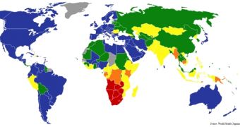 Tuberculosis cases per 100,000 people. red=300, orange=200-300; yellow=100-200; green=50-100; blue=less than fifty