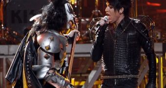 Adam Lambert with KISS / Gene Simmons on stage during the American Idol finale